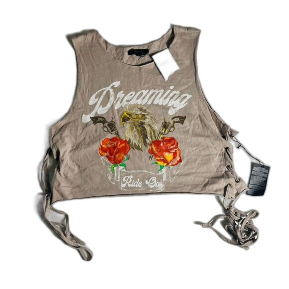NWT Forever 21 Dreaming Ride On Side Tie Crop Tank Large Motorcycle Biker - Picture 1 of 7